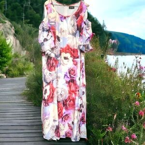 Tahari Arthur‎ S. Levine Floral Off Shoulder Cap Ruffle Sleeves Maxi Dress